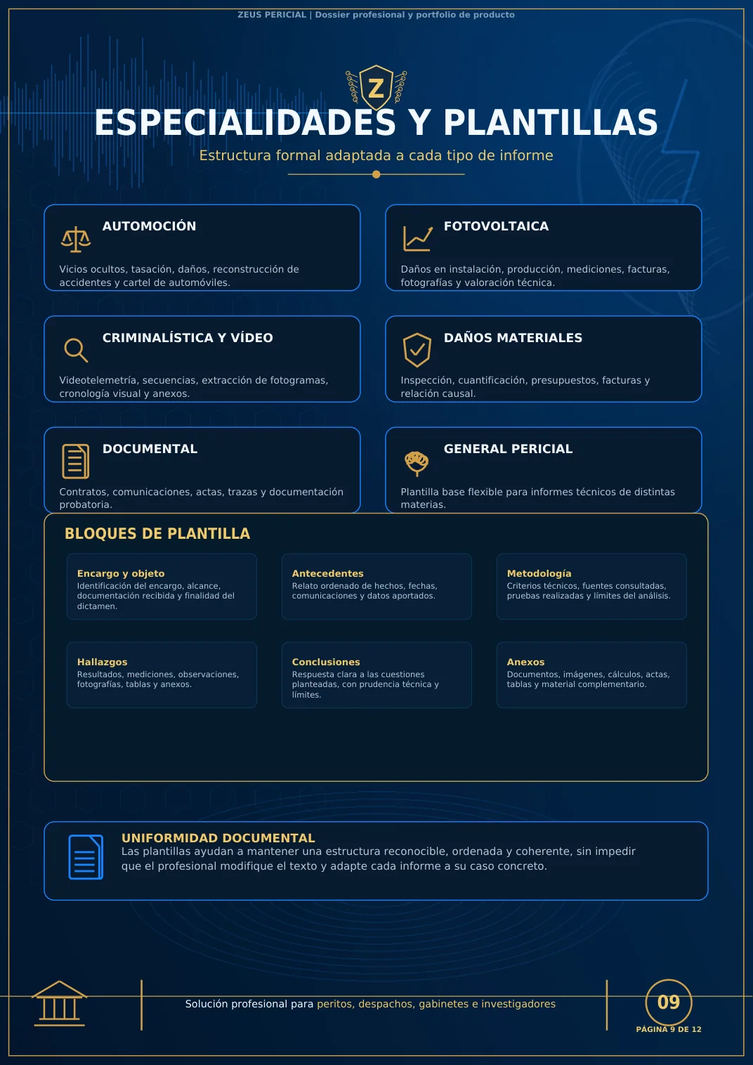 Especialidades y plantillas de Zeus Pericial